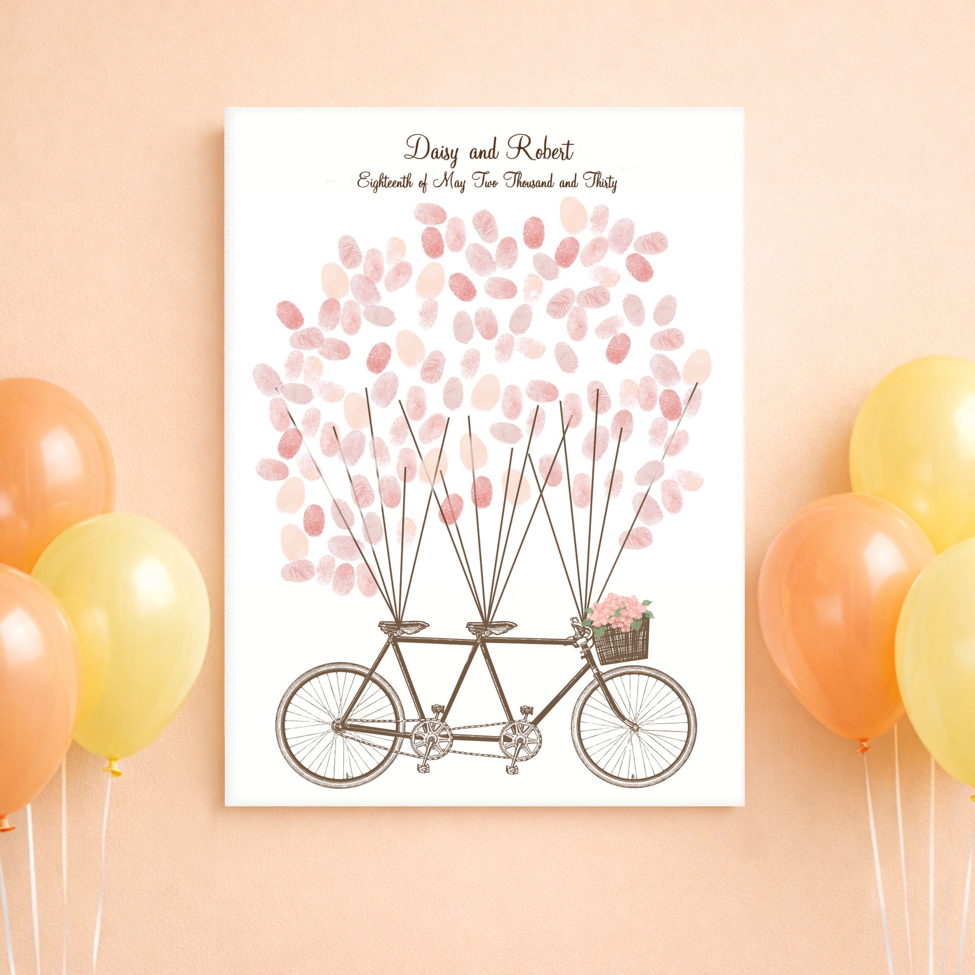 Decorative guestbook print of a tandem bicycle with pink balloons on a peach background with balloons.
