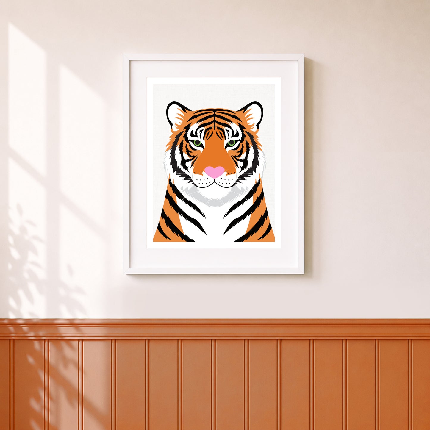 Illustration of a tiger on a wall with wooden paneling
