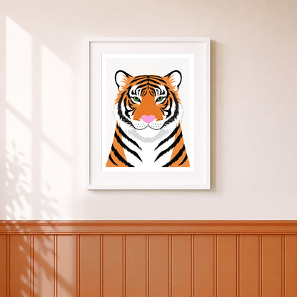 Illustration of a tiger on a wall with wooden paneling