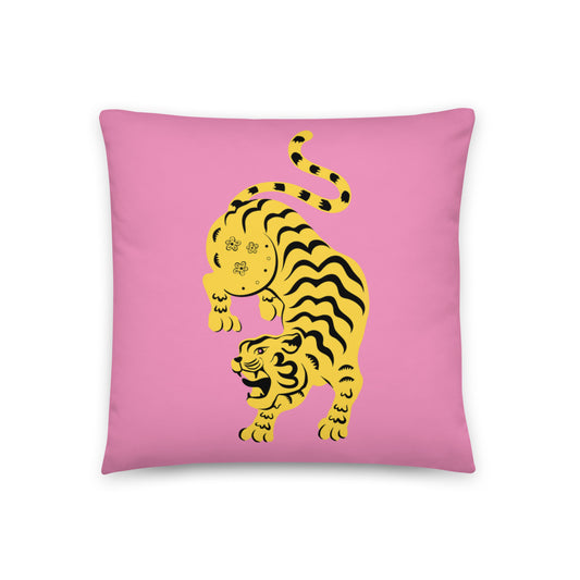 This vibrant cushion cover features a bold pink backdrop to a striking design of a tiger