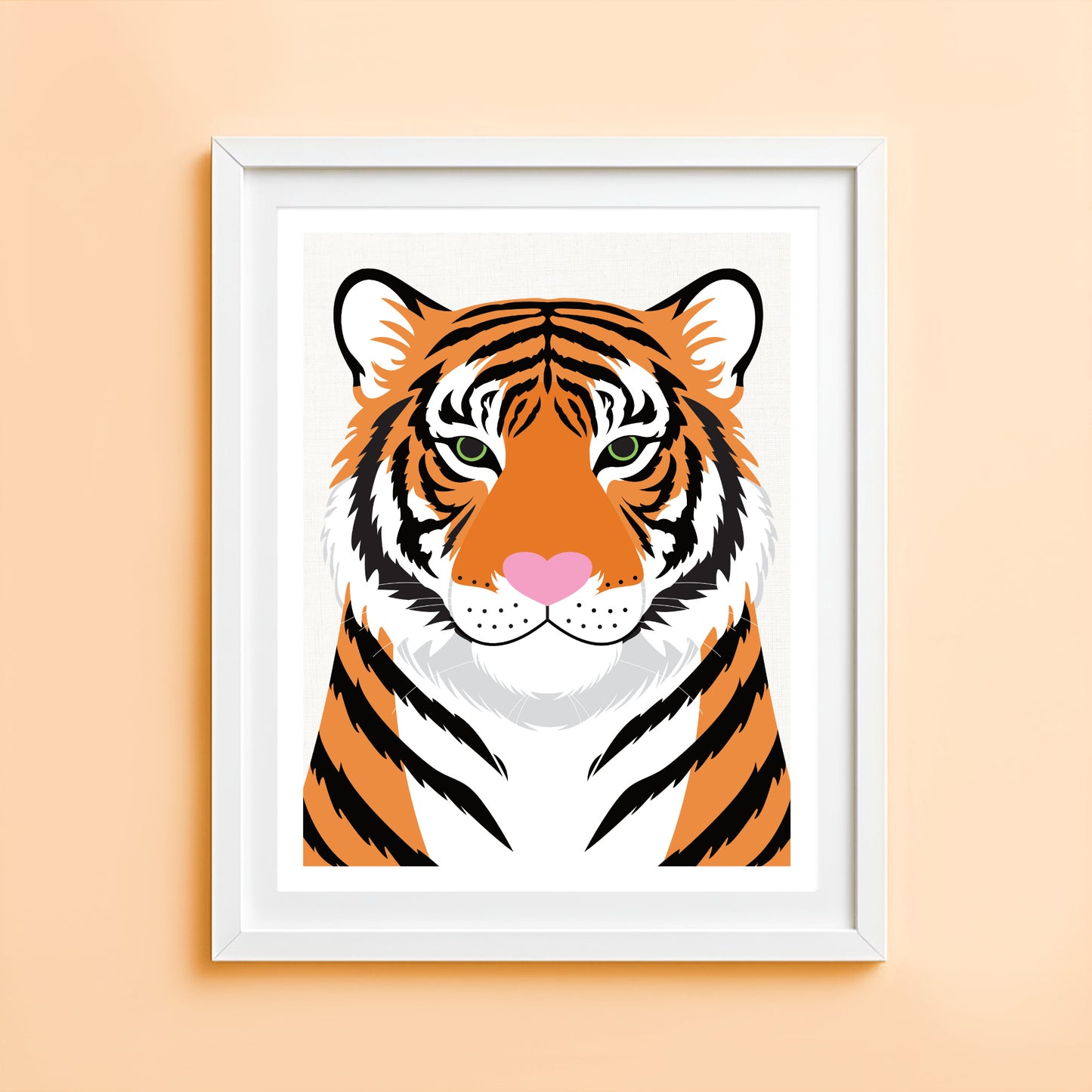 Tiger portrait art print with bold illustrated tiger face and pink nose detail