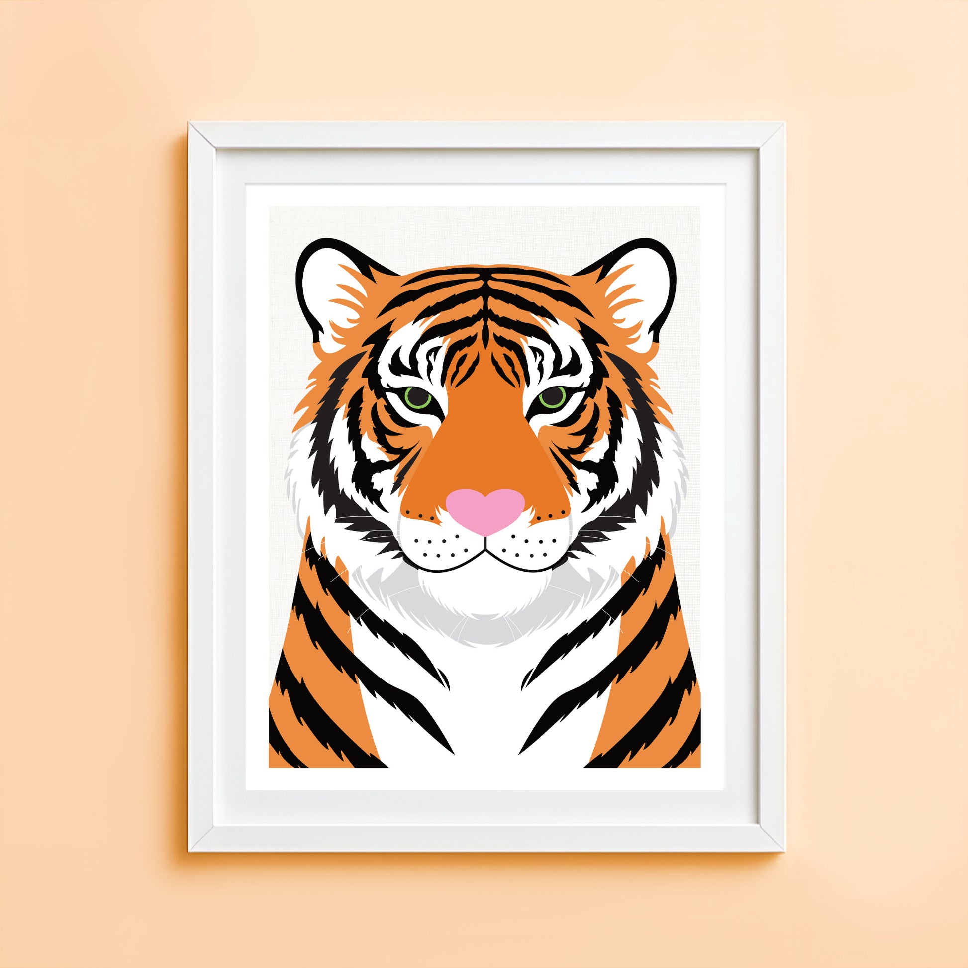 Tiger portrait art print with bold illustrated tiger face and pink nose detail