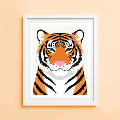 Tiger portrait art print with bold illustrated tiger face and pink nose detail
