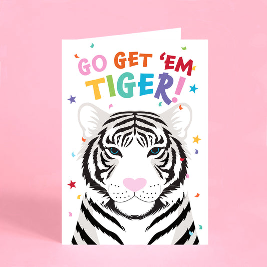 Go Get ’Em Tiger colourful good luck card featuring a white tiger with confetti
