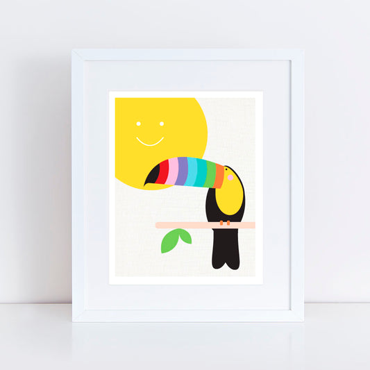 print of a fun and colorful tropical toucan sitting on a bench with the sun behind 