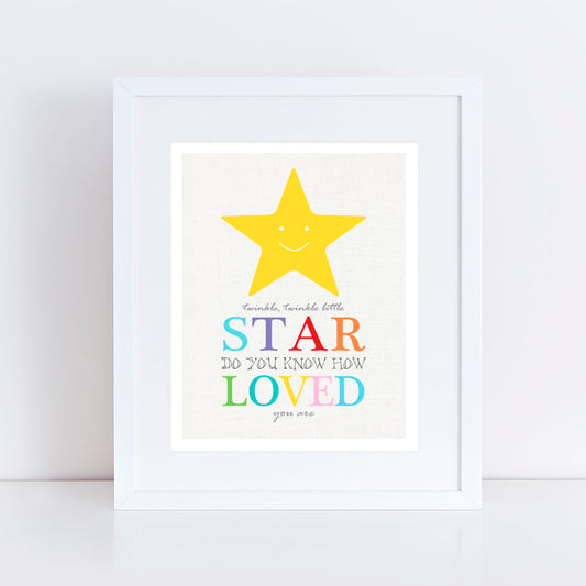 Twinkle, twinkle little star do you know how loved you are colourful print with a smiling star