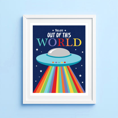 Out of This World Space Print – Retro UFO Rainbow Wall Art