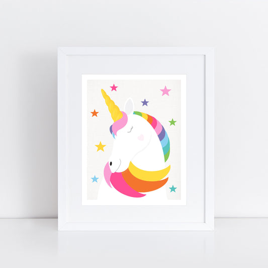 unicorn illustration in rainbow colours and a scattering of stars