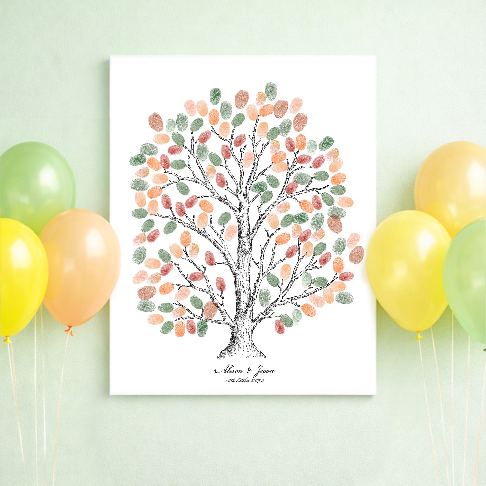 Fingerprint tree artwork with colorful balloons on a light green background