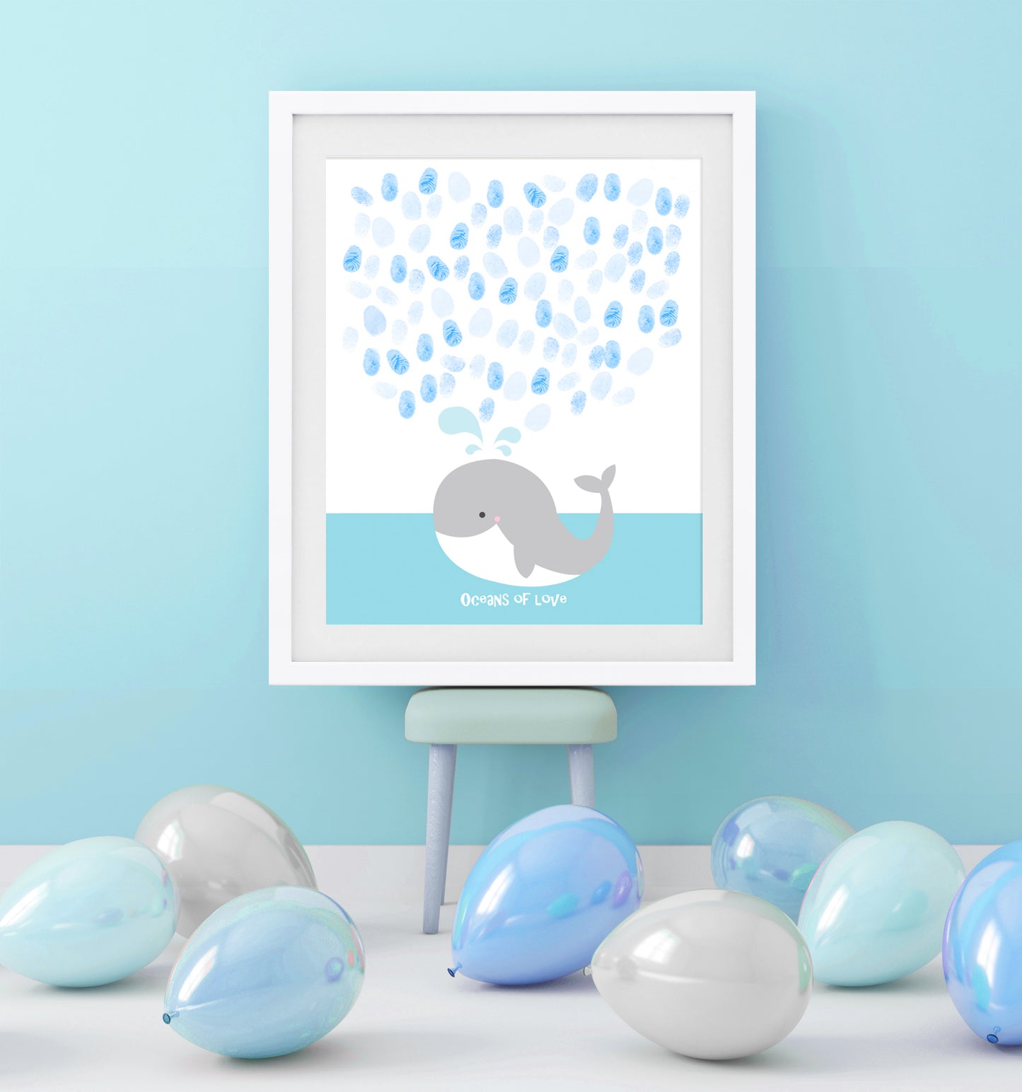 Guests fingerprints as water drops from a whale spout on a guest book poster at a party