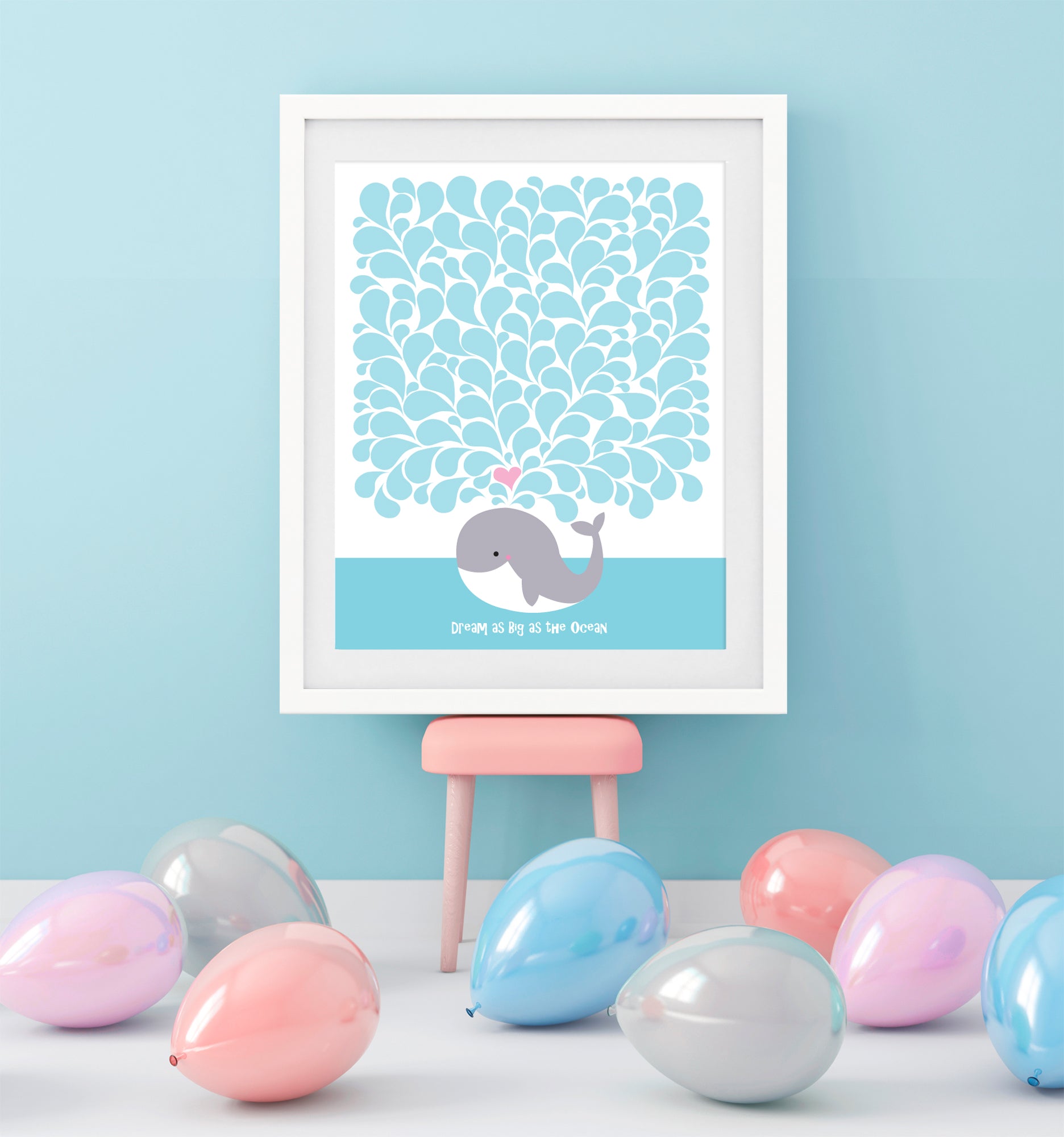 guestbook poster at a party in a frame with whale design in water droplets for guests to sign inside