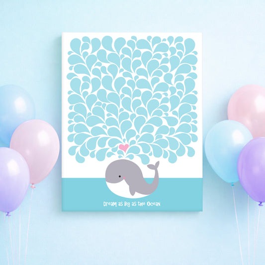 Guestbook Poster with whale illustration and text 'Dream big as the ocean' on a light blue background with balloons.