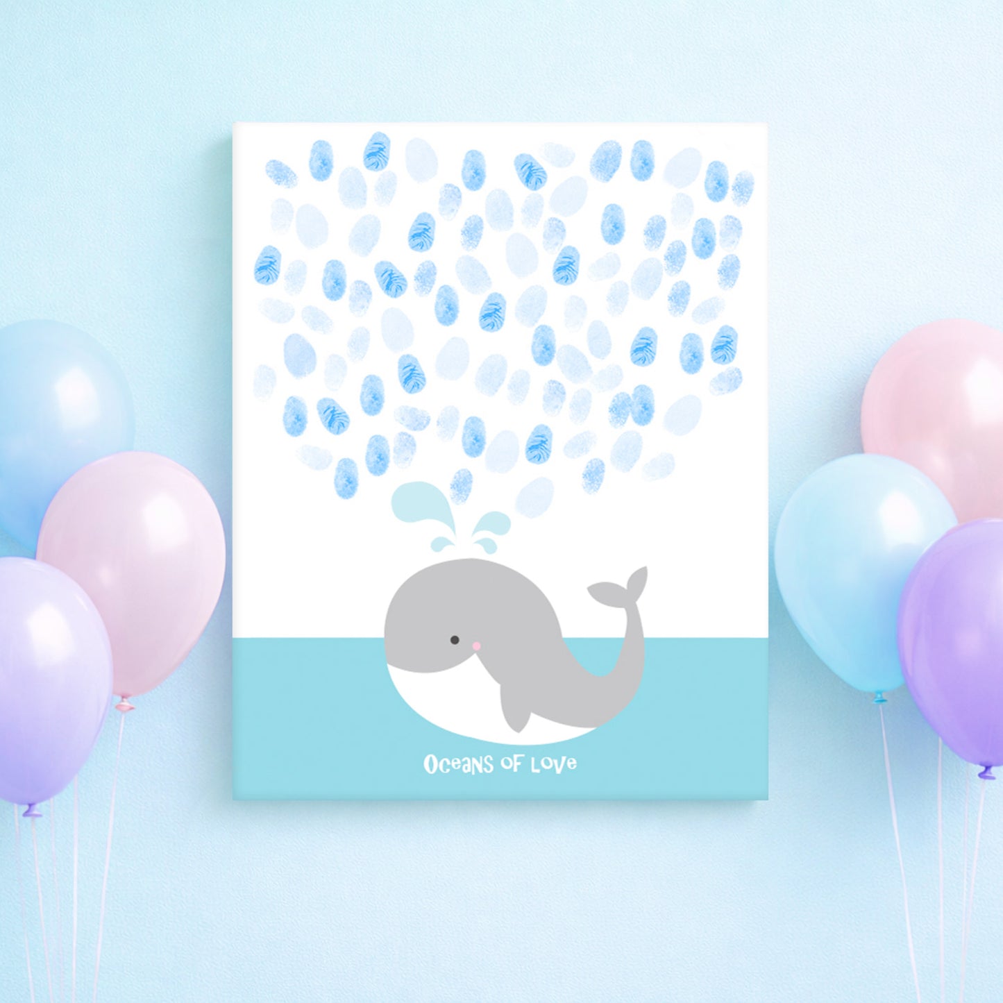 Guest Book poster with whale design and fingerprint pattern, surrounded by balloons on a light blue background