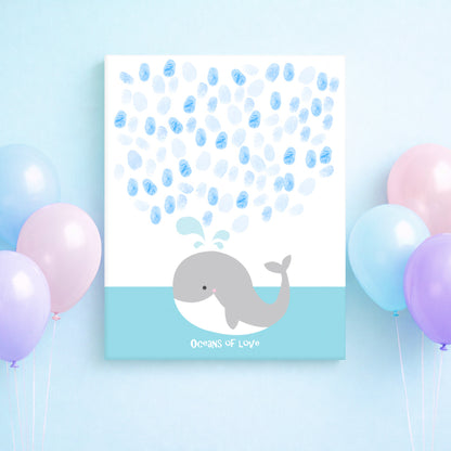 Guest Book poster with whale design and fingerprint pattern, surrounded by balloons on a light blue background