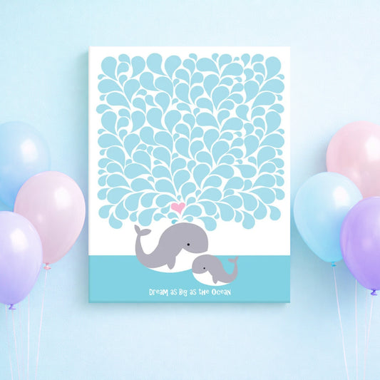 Poster with whale design and balloons on a light blue background