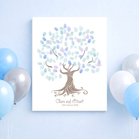 Fingerprint tree artwork with balloons on a light blue background