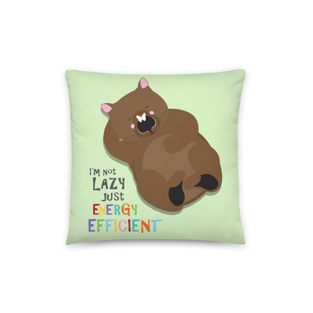 ute cushion cover with a lazy wombat lying around with a butterfly on it's nose and the words I'm not lazy just energy efficient