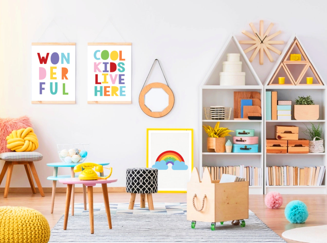 colourful kids playroom with bookshelves and toys and prints