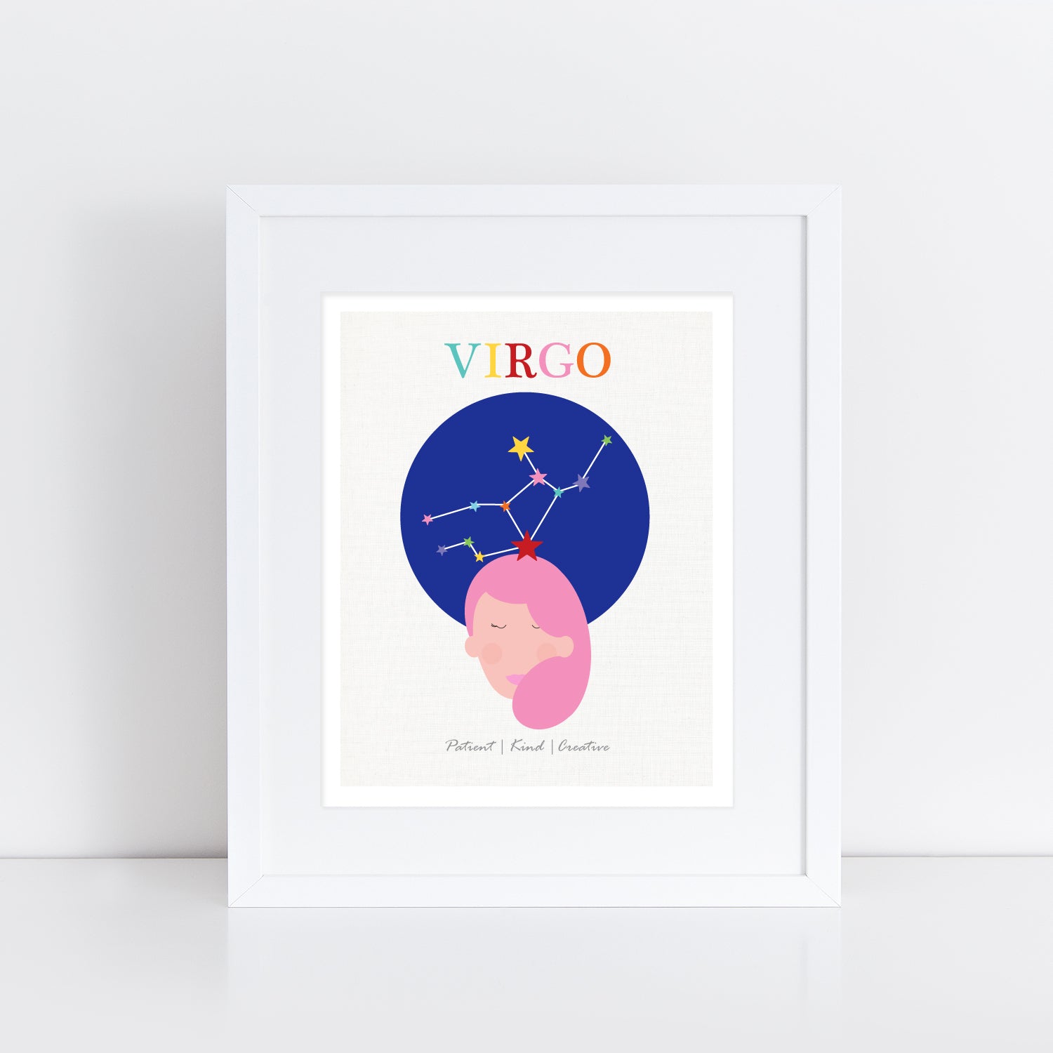 Girl with pink hair and stars Virgo zodiac star sign birth stats print in frame