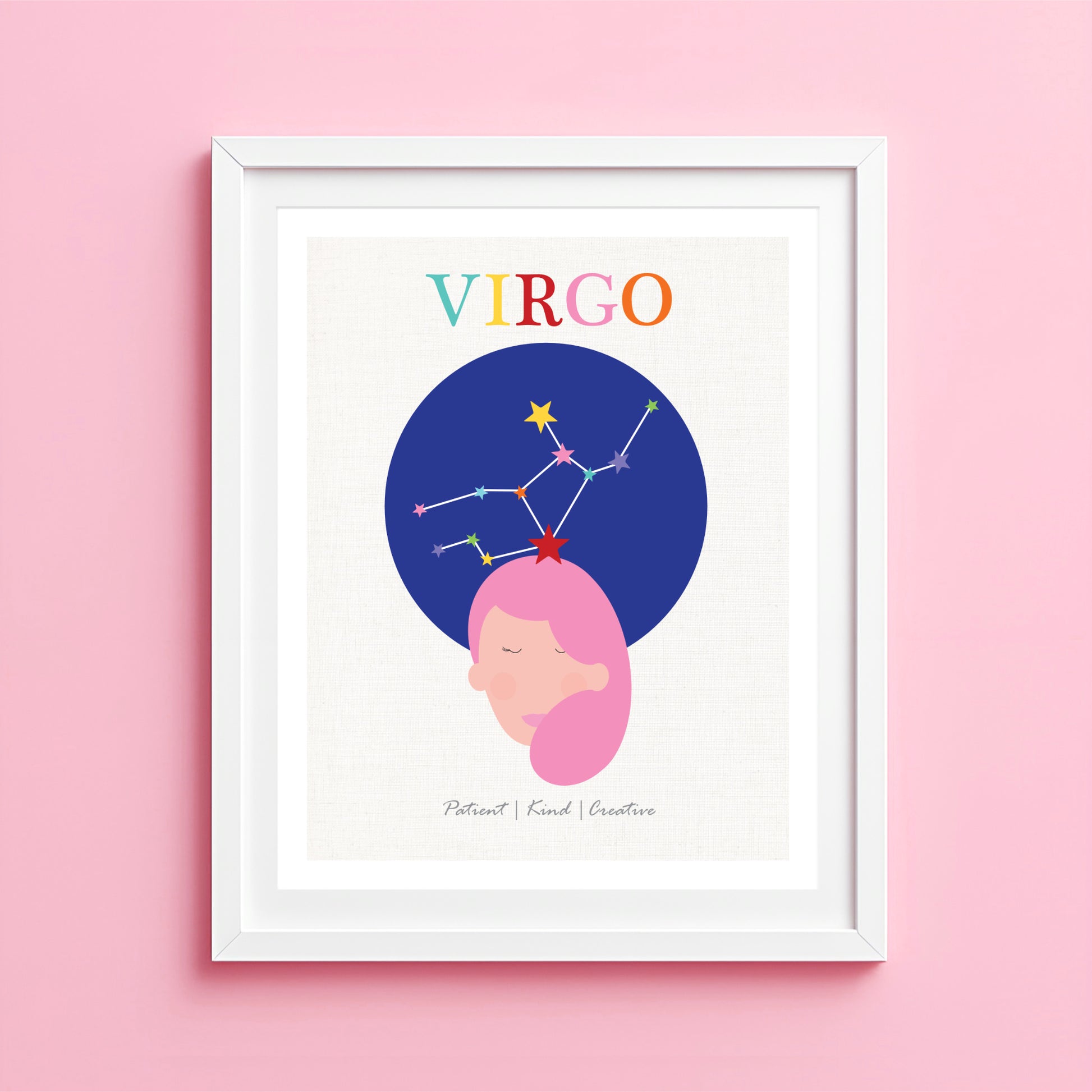 Artwork of a Virgo zodiac design with pink hair