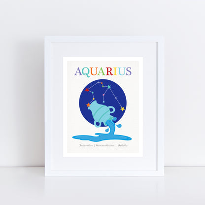 A modern Aquarius zodiac art print featuring a stylised water carrier pouring water against a deep blue circle with the Aquarius constellation above, connected by bright, colourful stars. The word "Aquarius" is written in a playful, multicoloured font at the top, and personality traits like "Innovative, Humanitarian, Artistic" are listed below.  A vibrant astrology-themed print perfect for nurseries, kids' rooms, or zodiac lovers