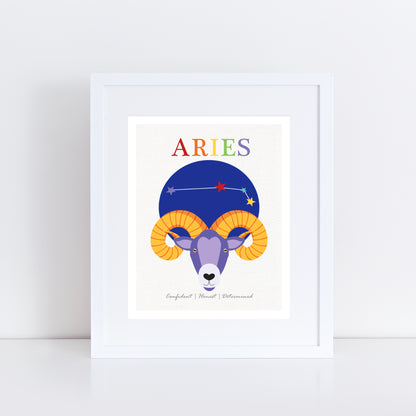 A modern Aries zodiac art print featuring a stylised ram head against a bold, colourful background. Above, the Aries constellation is illustrated with bright, playful stars. The word "Aries" is written in a multicoloured, artistic font at the top, with personality traits listed below. A fun and stylish astrology-themed print, ideal for nursery decor, kids' rooms, or zodiac lover