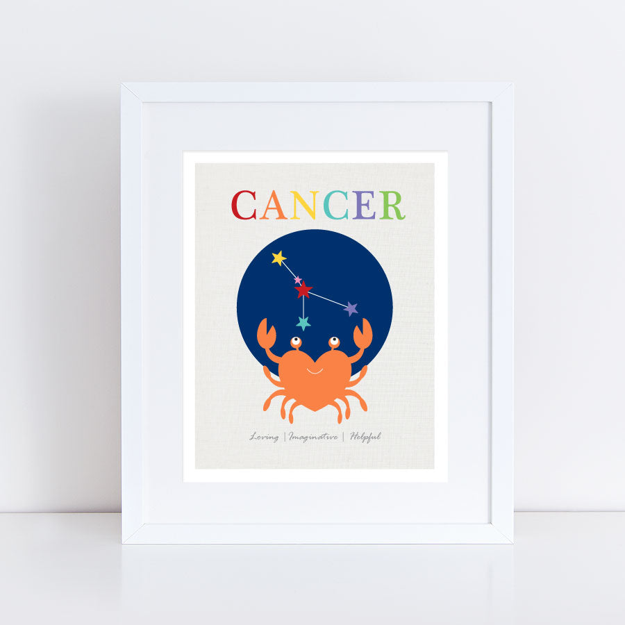 Colourful cancer crab zodiac star sign birth stats print in frame