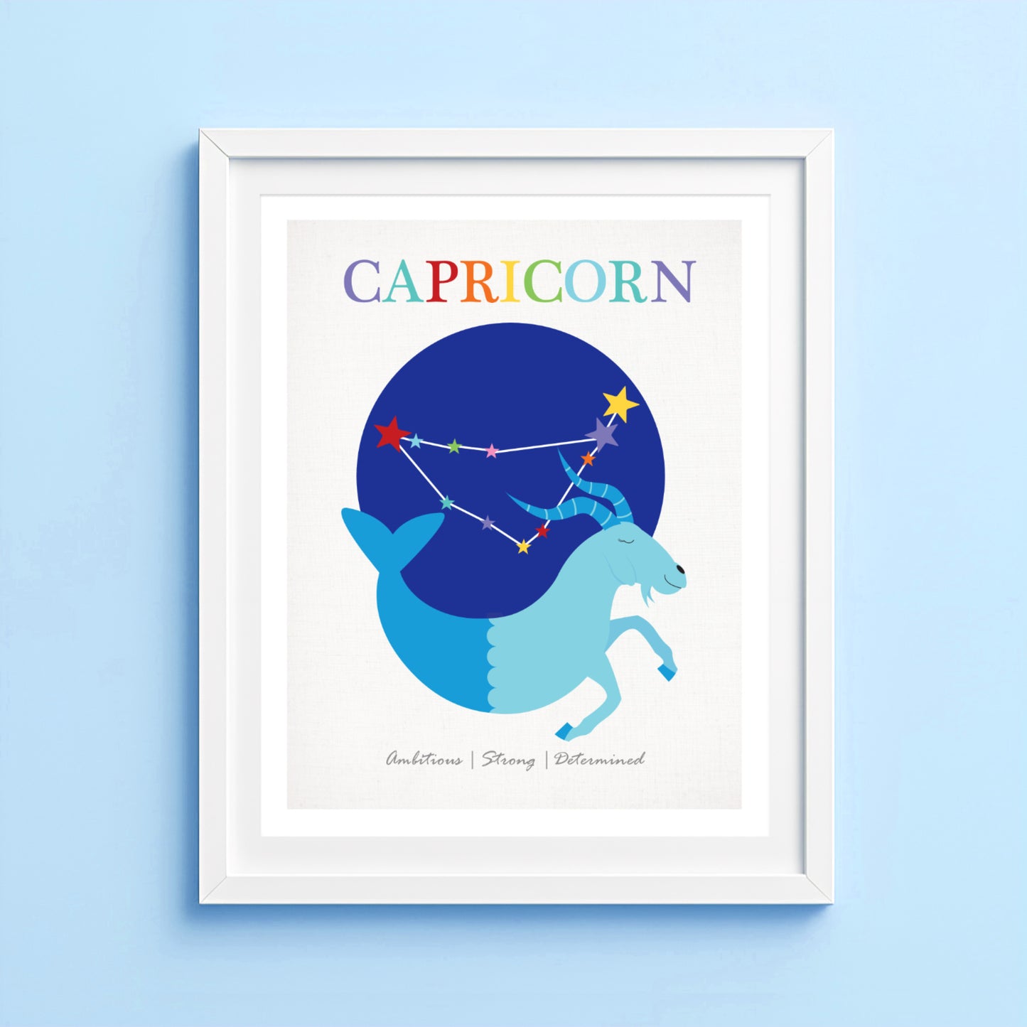 Artwork of Capricorn zodiac sign with blue sea goat and star constellation