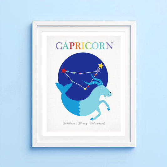 Artwork of Capricorn zodiac sign with blue sea goat and star constellation