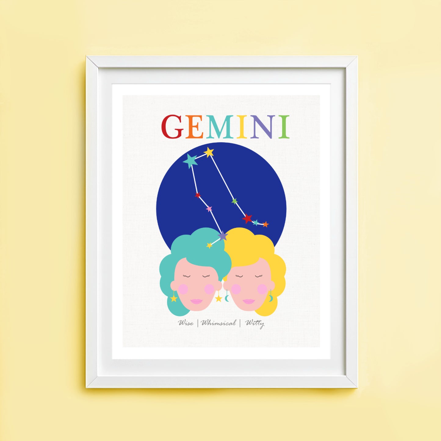 Artwork of Gemini with colorful hair and a blue circle with stars on a yellow wall.