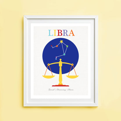 Artwork of Libra zodiac sign with balance scale on a yellow wall