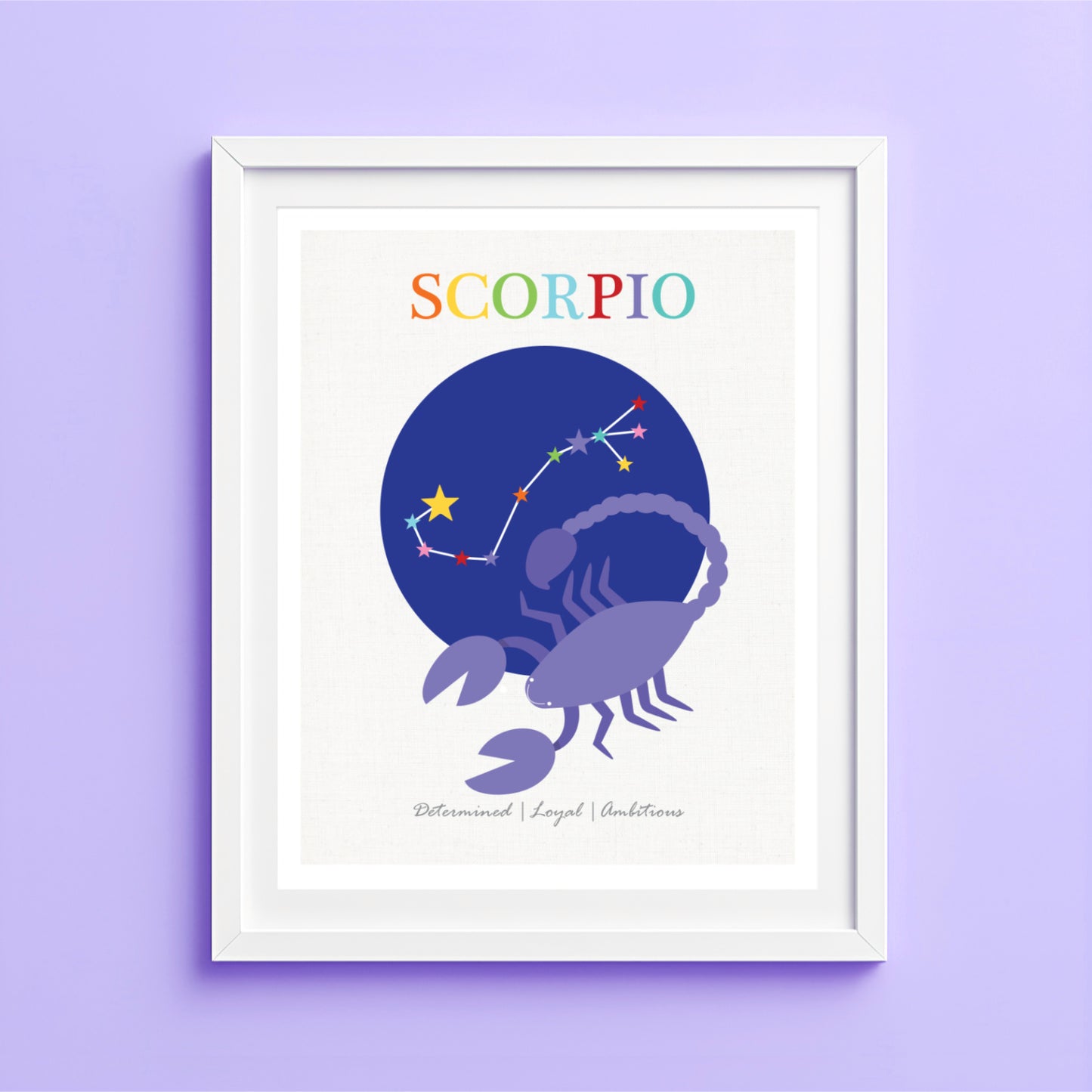 Artwork of a purple scorpion and the star sign