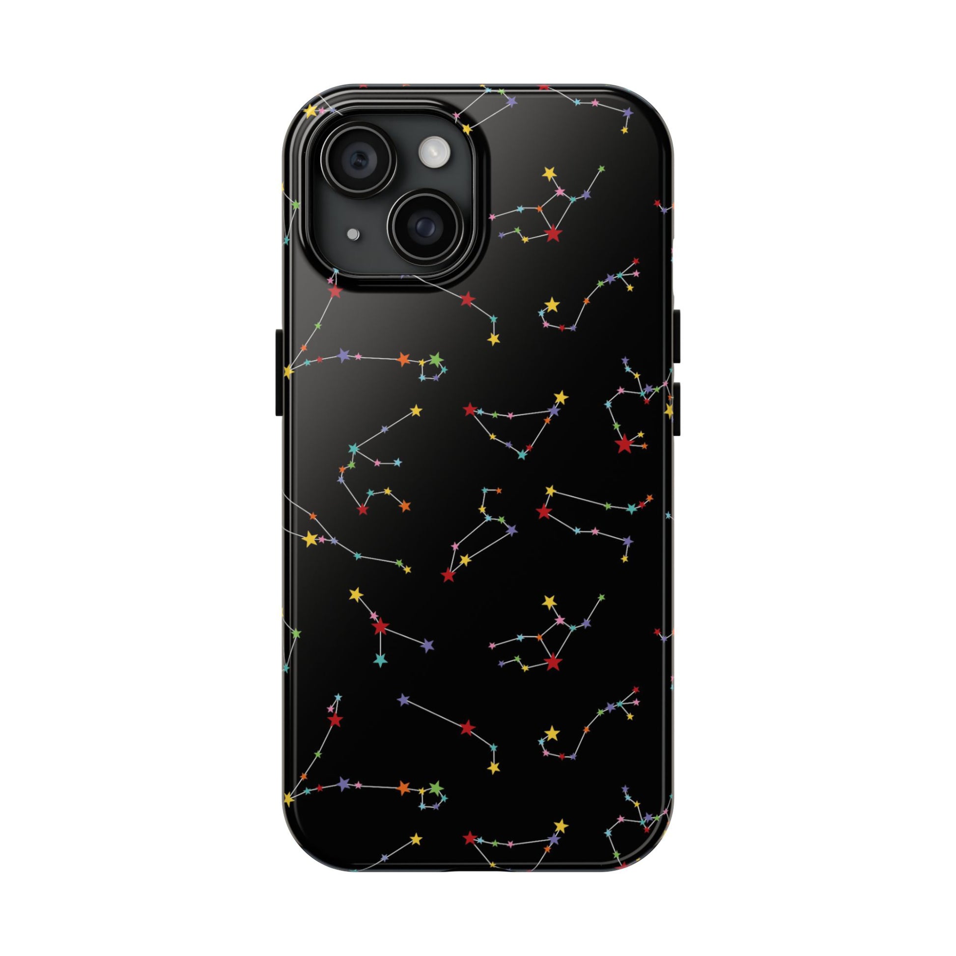 phone case features the twelve zodiac constellations, with each star rendered in an array of colours against a deep black background. 