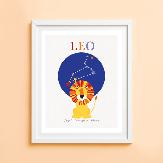 Aartwork of a lion with a star constellation, labeled 'Leo'