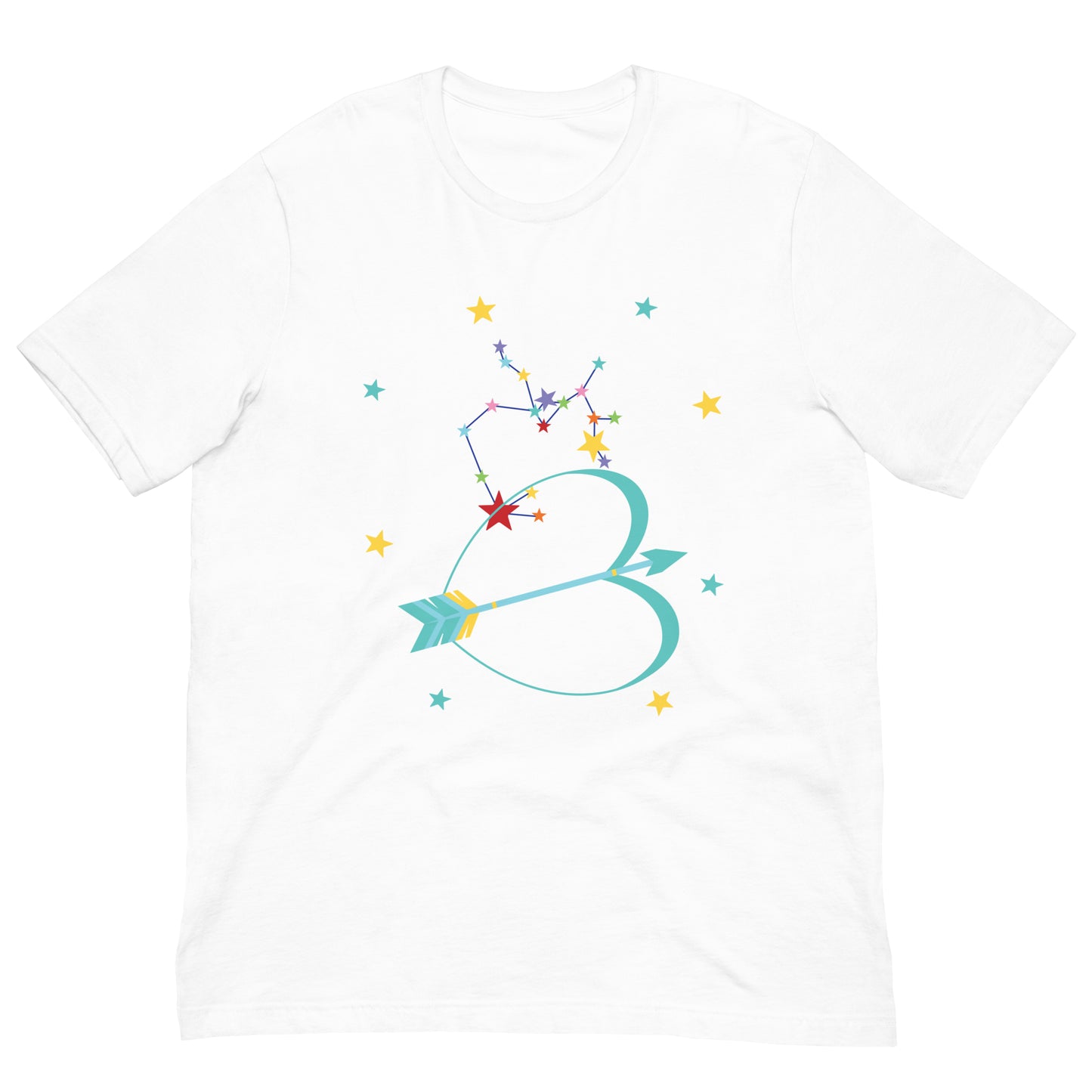 White t-shirt with colorful Sagittarius bow and arrow design on a white background
