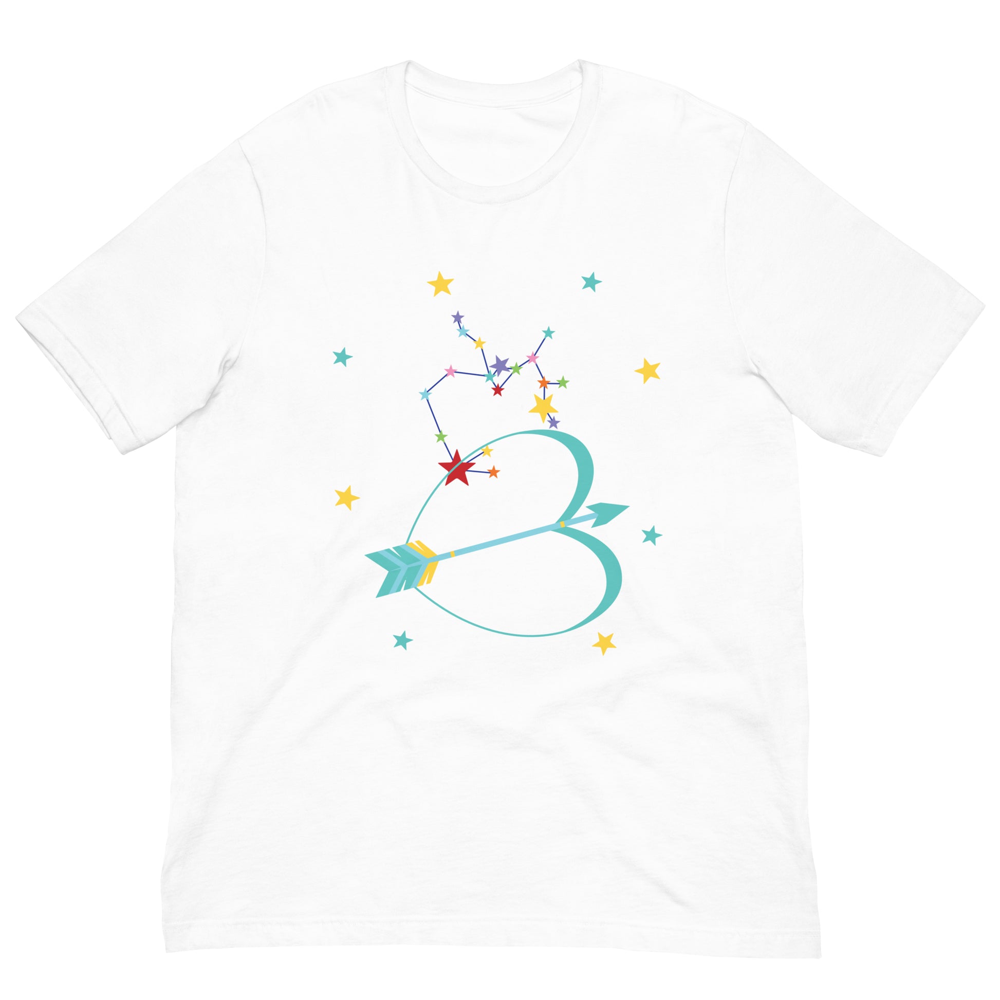 White t-shirt with colorful Sagittarius bow and arrow design on a white background