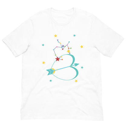 White t-shirt with colorful Sagittarius bow and arrow design on a white background