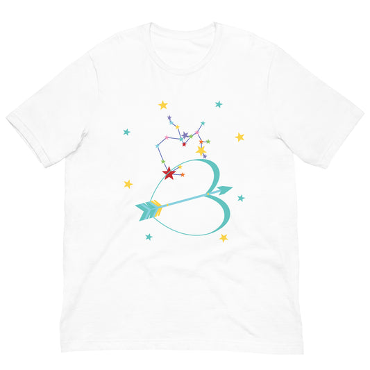 White t-shirt with colorful Sagittarius bow and arrow design on a white background