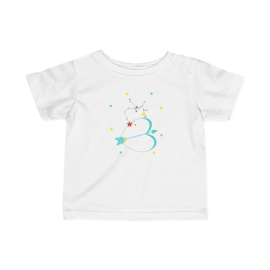 White t-shirt with a colorful bow and arrow and star design on a white background