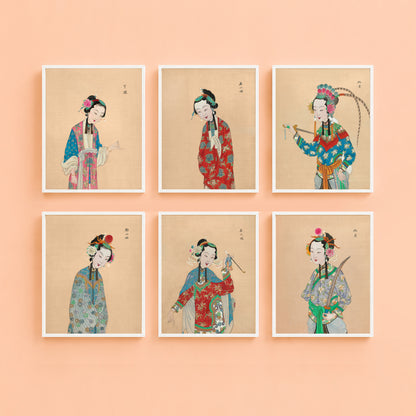 Set of six vintage Chinese opera lady art prints featuring colourful traditional costume portraits styled as a modern gallery wall for eclectic and maximalist interiors.