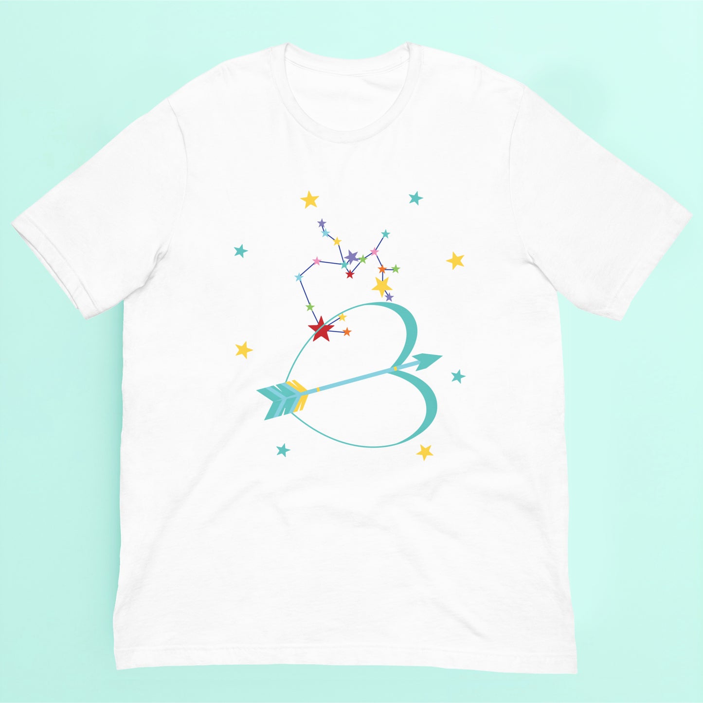 White t-shirt with colorful Sagittarius bow and arrow design on a turquoise background