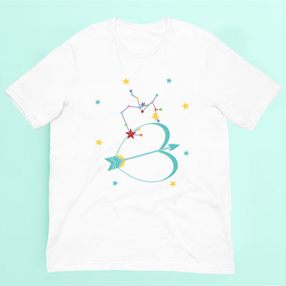 White t-shirt with colorful Sagittarius bow and arrow design on a turquoise background