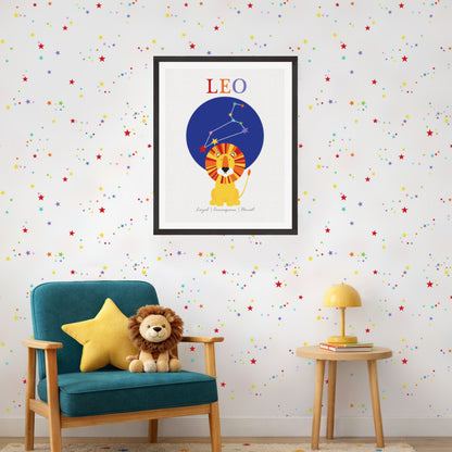 Children's poster of a lion with 'LEO' text on a wall with star pattern wallpaper