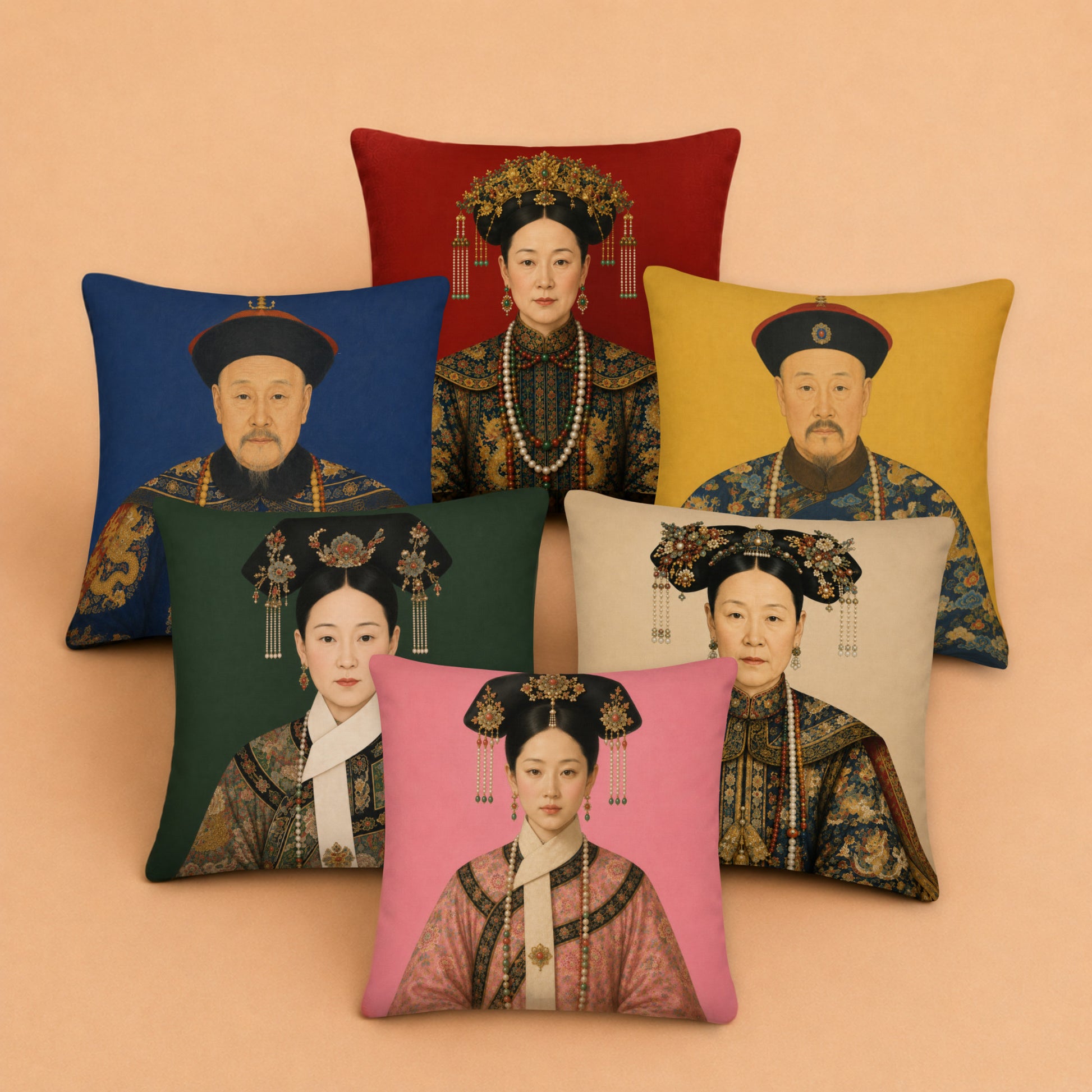 Chinese ancestor portrait cushion cover collection featuring six imperial portrait designs in blue, yellow, green, cream, red and pink. Decorative chinoiserie cushions arranged in a studio display for colourful maximalist home décor.