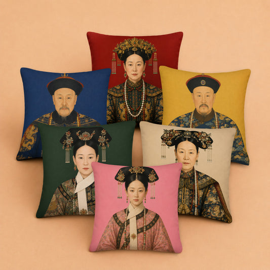 Chinese ancestor portrait cushion cover collection featuring six imperial portrait designs in blue, yellow, green, cream, red and pink. Decorative chinoiserie cushions arranged in a studio display for colourful maximalist home décor.