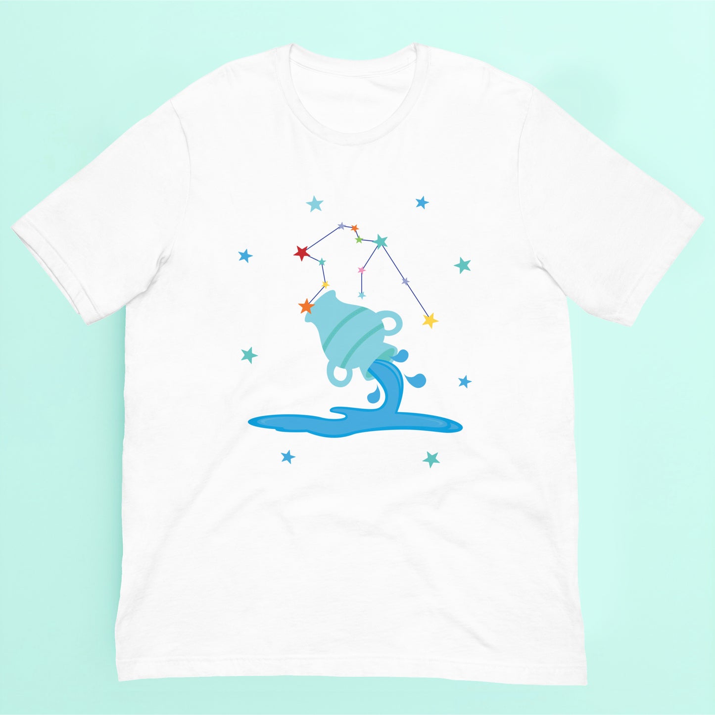 White t-shirt with an aquarius graphic design on a light blue background