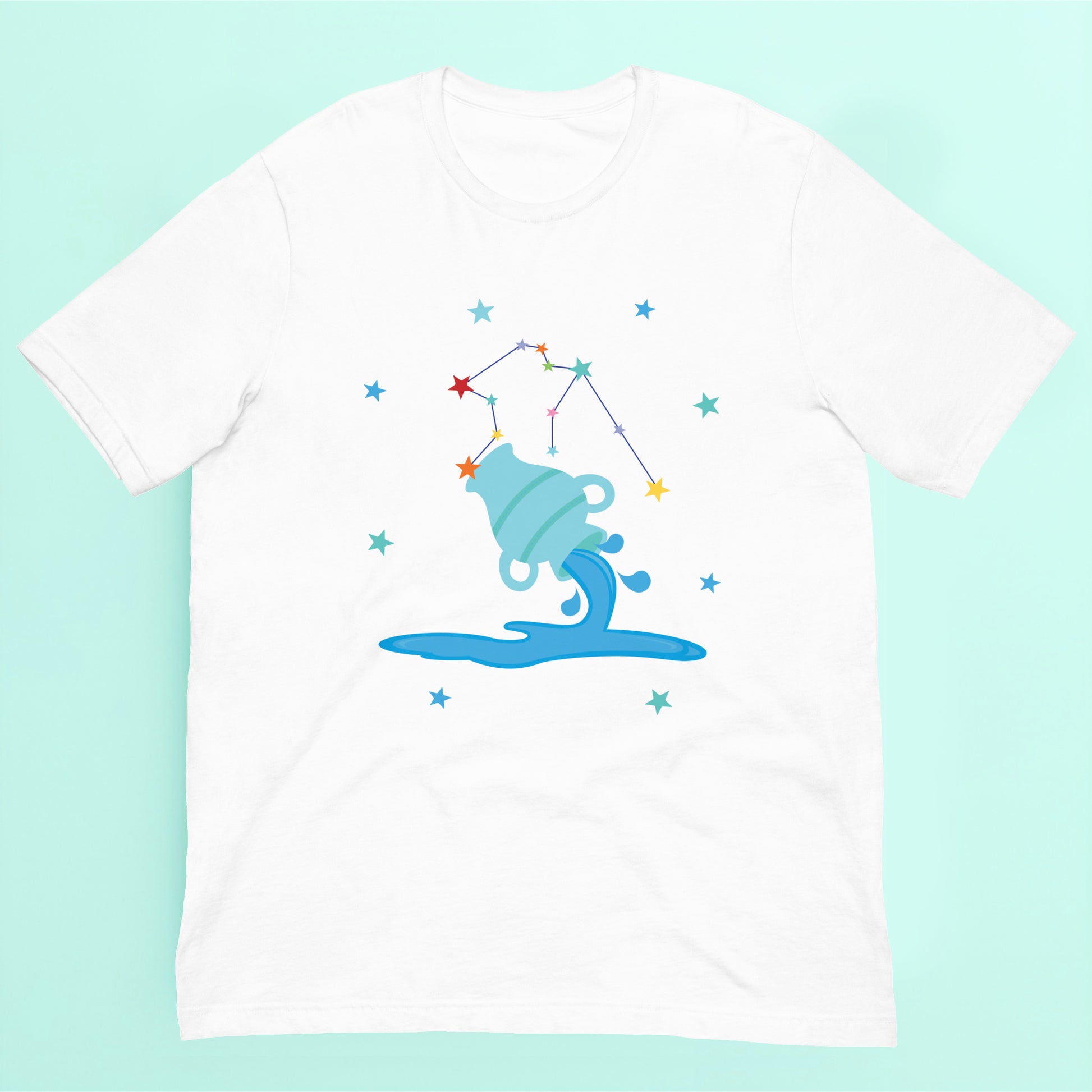 White t-shirt with an aquarius graphic design on a light blue background