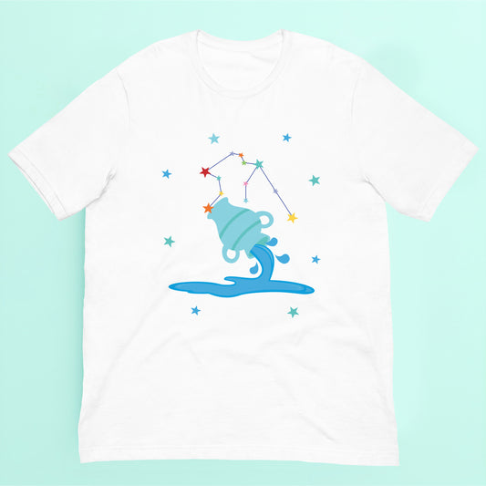White t-shirt with an aquarius graphic design on a light blue background