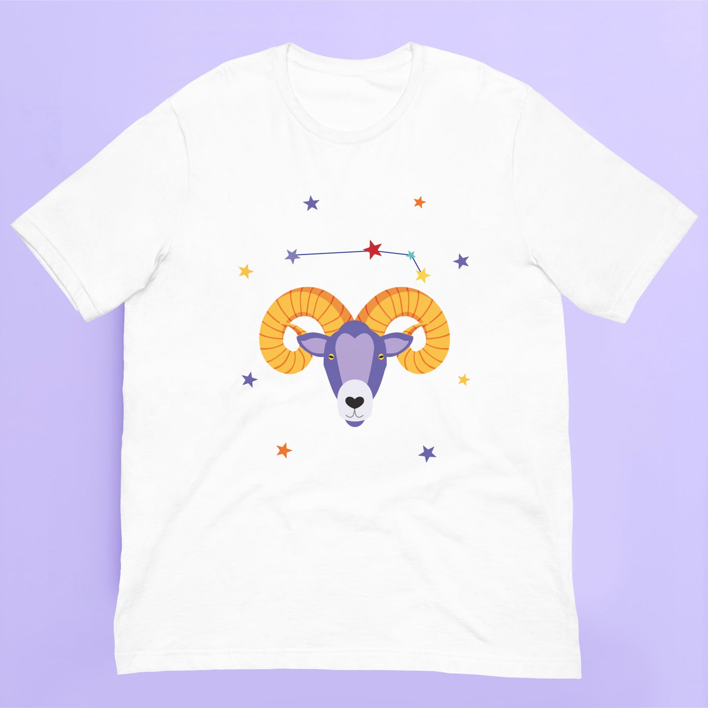 White t-shirt with a colorful aries ram design on a purple background