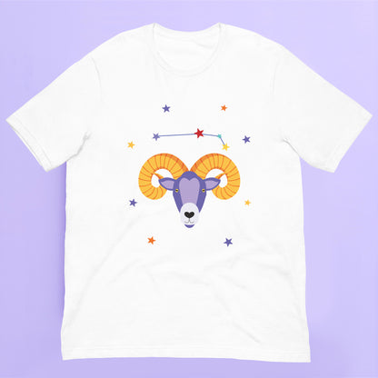 White t-shirt with a colorful aries ram design on a purple background